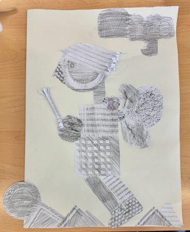 Ein kunstvoller Strichmännchen mit einer Mütze und einem Stift, umgeben von geometrischen Formen.