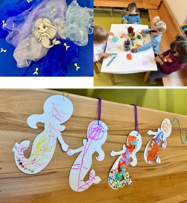 Kinder gestalten bunte Meerjungfrauen und arbeiten kreativ an einem Tisch.