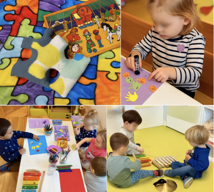 Verschiedene Kinder spielen mit Spielzeug und basteln auf bunten Matten.