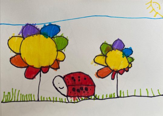Eine bunte Zeichnung eines Marienkäfers mit Blumen und sonnigem Himmel.