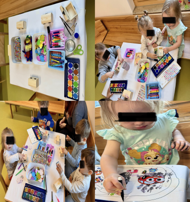 Kindern malen und basteln an einem Tisch mit verschiedenen Kunstmaterialien.