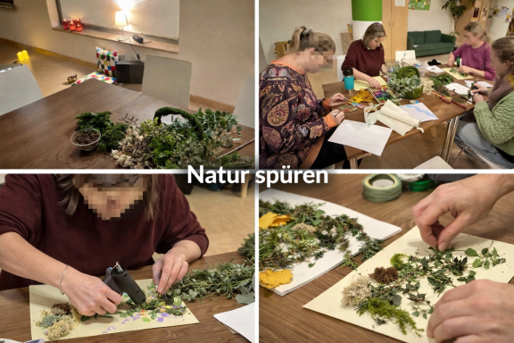 Gruppierung von Personen bei der Naturerkundung mit Pflanzen- und Bastelmaterialien.