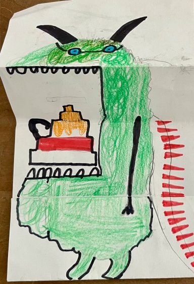 Grünes Monster mit blauen Augen hält eine Torte in der Hand.