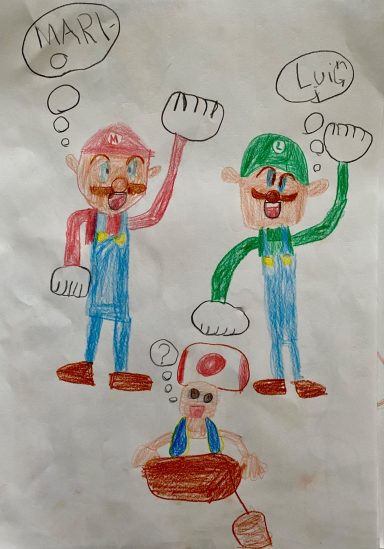 Mario und Luigi stehen mit Sprechblasen über einem Toad-Figur. Buntes Kinderkunstwerk.