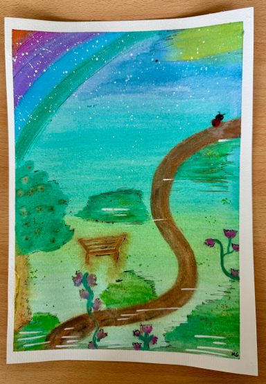 Bunte Landschaft mit einem Weg, Bäumen, Blumen und einem Regenbogen im Hintergrund.