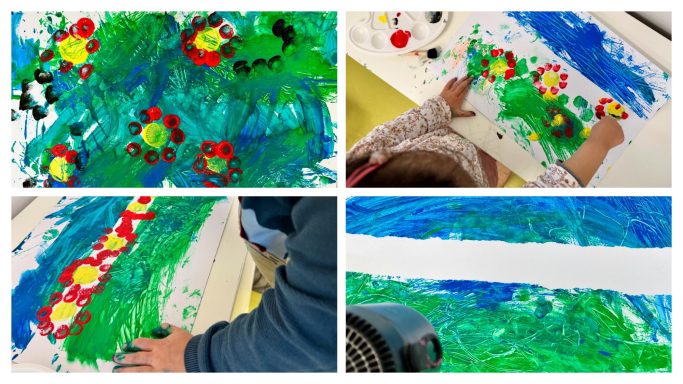 Kinder malen bunte Landschaften mit Blumen und Wasser in verschiedenen Techniken.