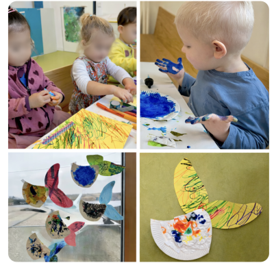 Kinder beim Malen, kreative Werke und bunte Bastelarbeiten sichtbar.