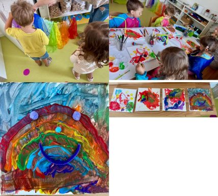 Kinder gestalten bunte Kunstwerke mit Farben und Materialien in einem kreativen Raum.