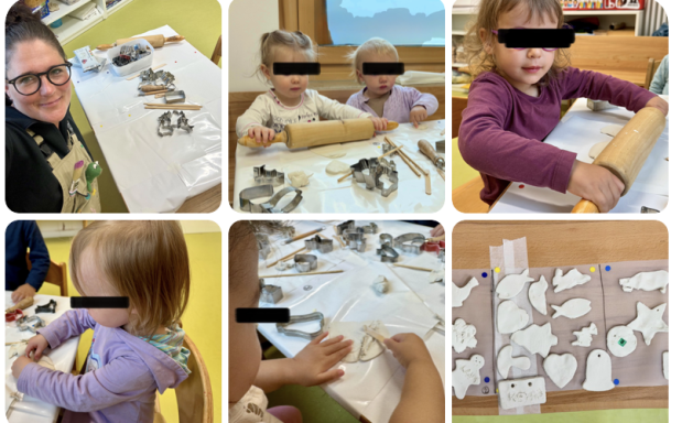 Kinder basteln mit Teig, verwenden Ausstechformen und Nudelholz in einem hellen Raum.