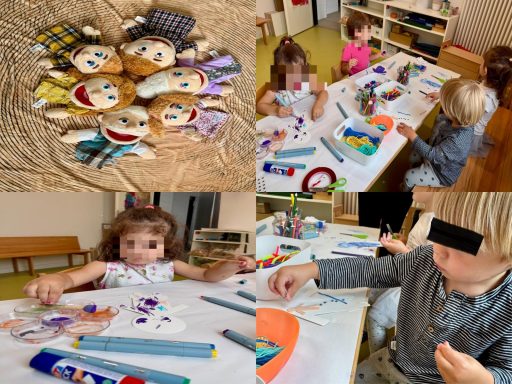 Kinderspiele mit Puppen, Malutensilien und kreativen Aktivitäten in einem Raum.