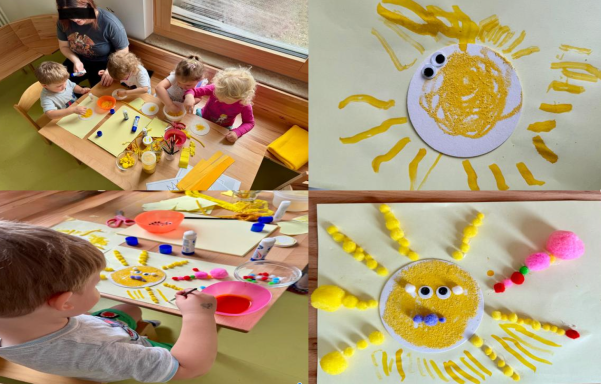 Kinder arbeiten an Sonnenmalereien mit bunten Materialien und Eifer.