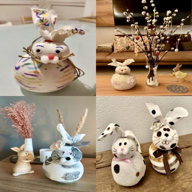 Bunte Basteltiere und Dekorationen für Ostern, präsentiert in vier verschiedenen Arrangements.