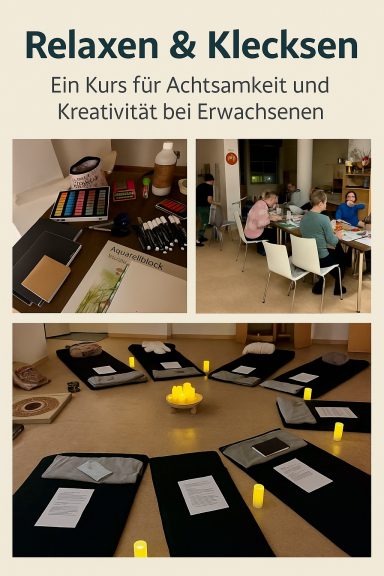 Kursangebot für Achtsamkeit und Kreativität mit verschiedenen Materialien und Teilnehmern.