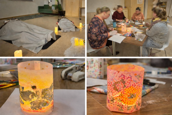 Menschen basteln mit Laternen und schaffen kreative Designs am Tisch.
