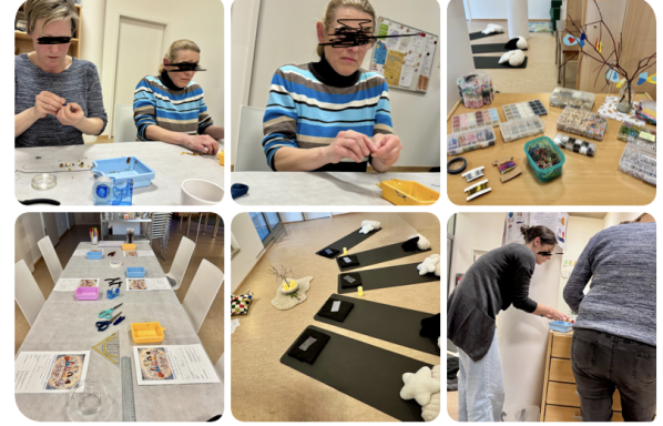 Zwei Personen bei Handwerksarbeiten, verschiedene Materialien und Werkzeuge auf dem Tisch.