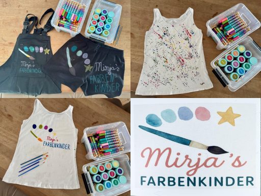 Zwei vertikale T-Shirts mit bunten Malutensilien und dem Logo „Mirja's Farbenkinder“.