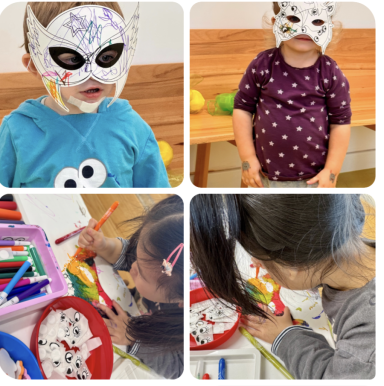 Kinder mit Masken basteln und malen mit bunten Stiften und Papier.