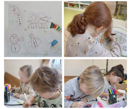 Vier Kinder zeichnen und malen aktiv mit Farben auf Papier in einem hellen Raum.